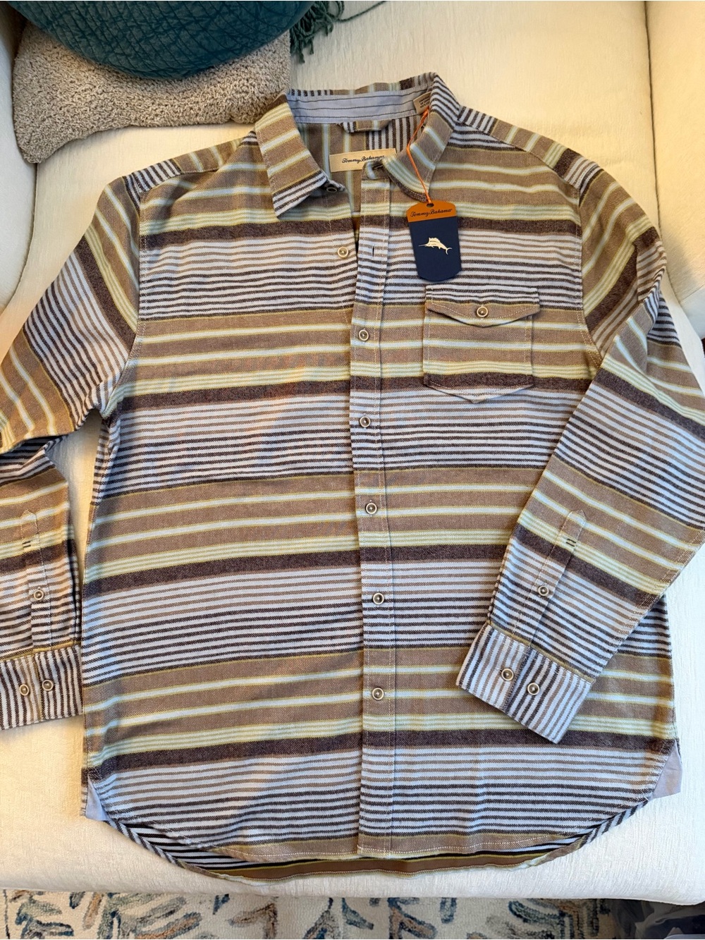 Men's Tommy Bahama Breaker Stripe Button-Up Shirt in Brown Blue and Light Green